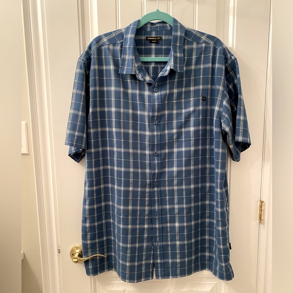 Men’s Size XL O’Neill Blue Check Short Sleeve Button Down Shirt Worn Once!